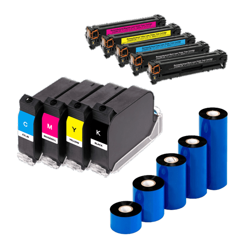 An image of ribbon, toner and inkjet cartridges